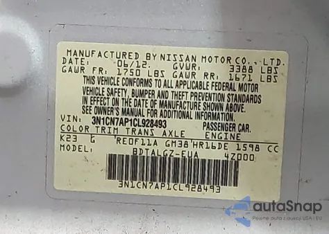 2012 Nissan Versa 1.6 Sl из США, поврежденный, VIN 3N1CN7AP1CL928493